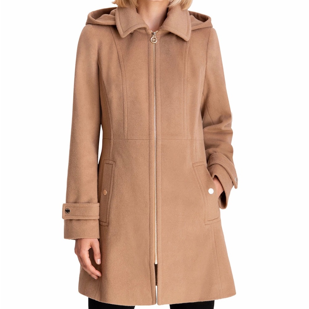 Dark Camel Michael Kors Hooded Notched-Collar Coat, Women’s PXL Created by Macys